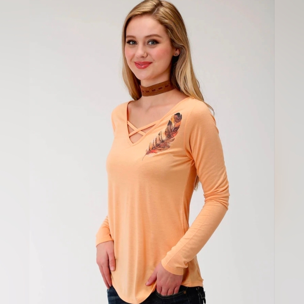 Roper Peach Long-Sleeve Crisscross Feather Motif Top Large (6563)